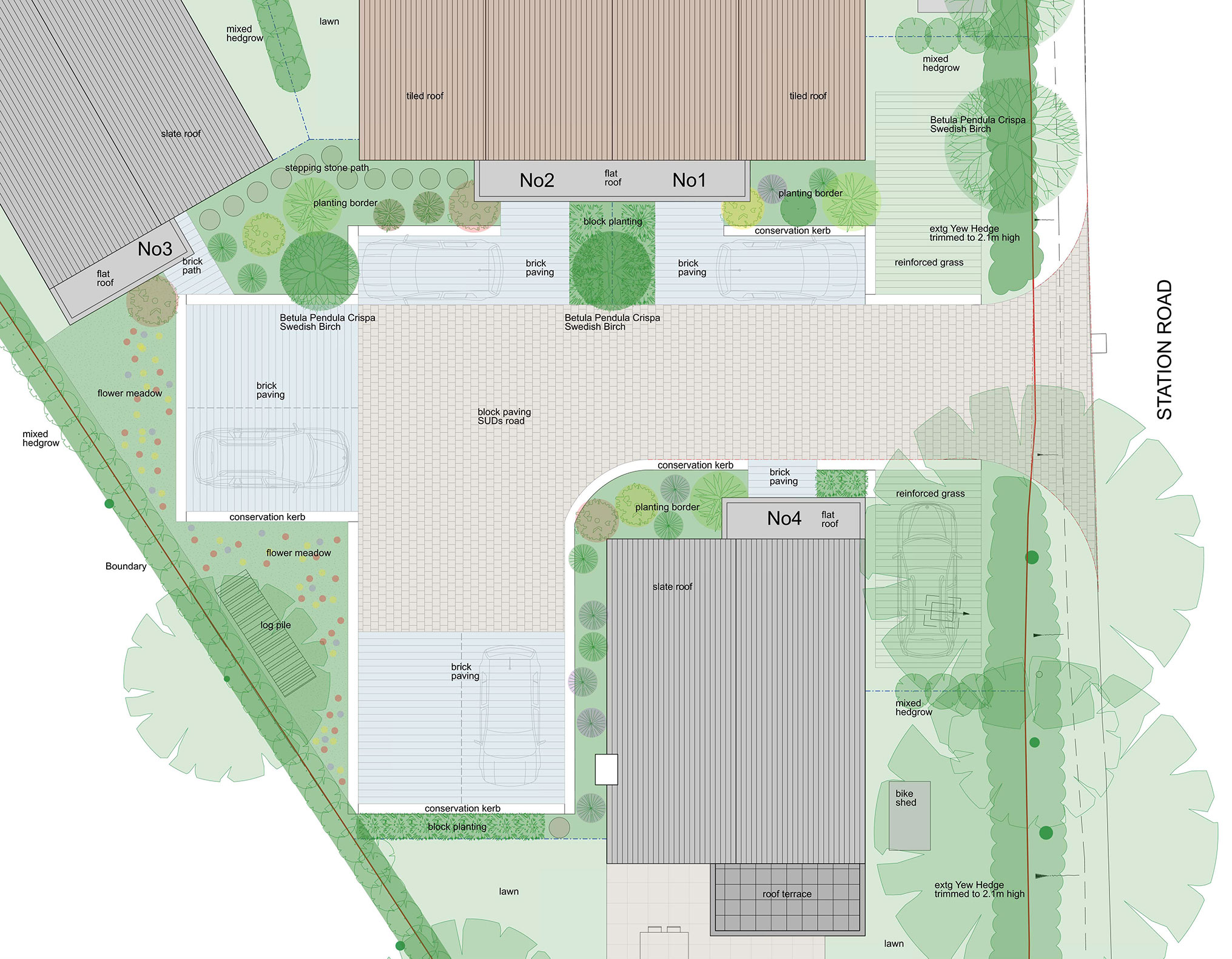 Landscape plan showing 2 parking spaces to each house with good natural security, a sense of ownership, and planting to soften and be in keeping with the rural setting.