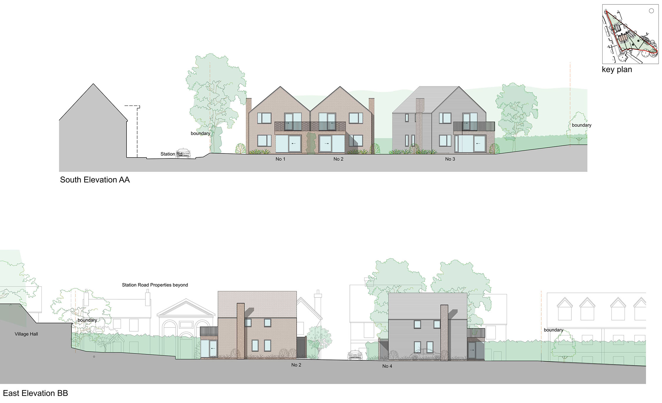 Elevation drawings showing how the houses are a suitable scale to sit with the existing properties on Station Road.