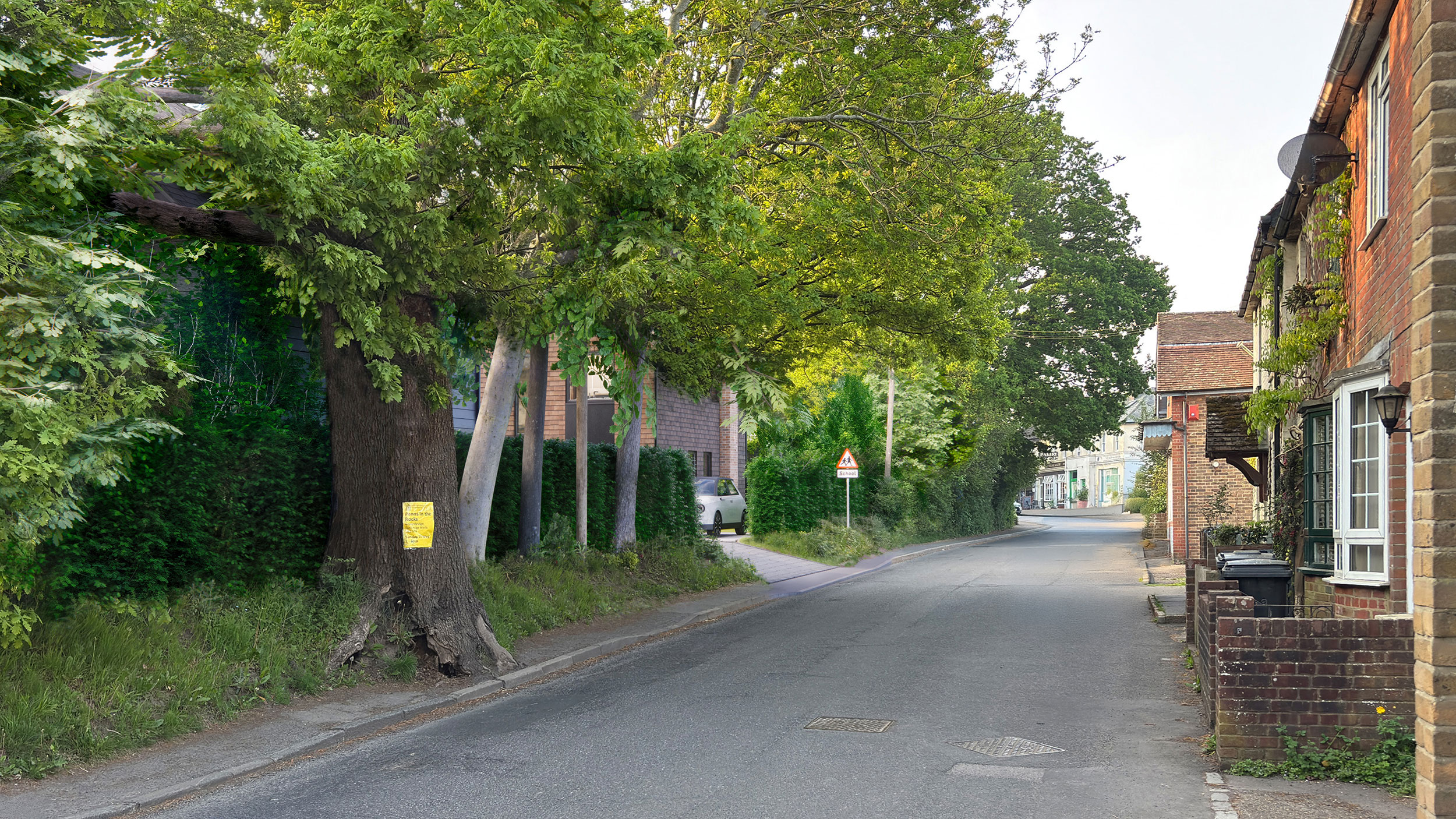 CGI view showing the lack of impact of the development on the roadway entering the village. Retention of the yew hedging and trees, and reinforcement of this with additional feature trees maintain the green 'wall' to the eastern side of the road.