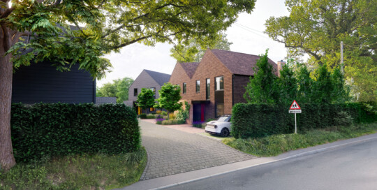 CGI showing the view into the site as driving past along Station Road. The landscaping provides considerable screening from the road and the change in levels from site to roadway is carefully managed.